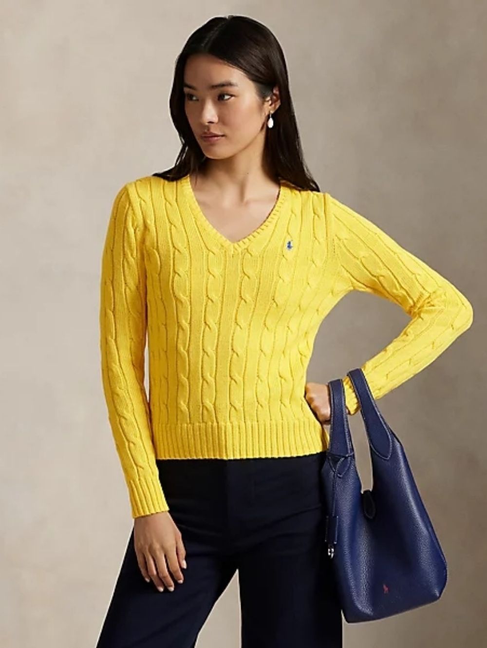 $148 Lauren Ralph Lauren Yellow Cable Knit V-Neck Sweater Size M - Picture 2 of 8